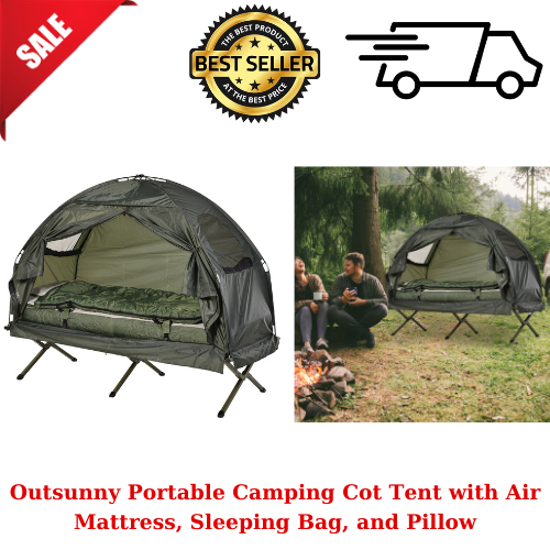 Outsunny Portable Camping Cot Tent With Air Mattress Sleeping Bag And