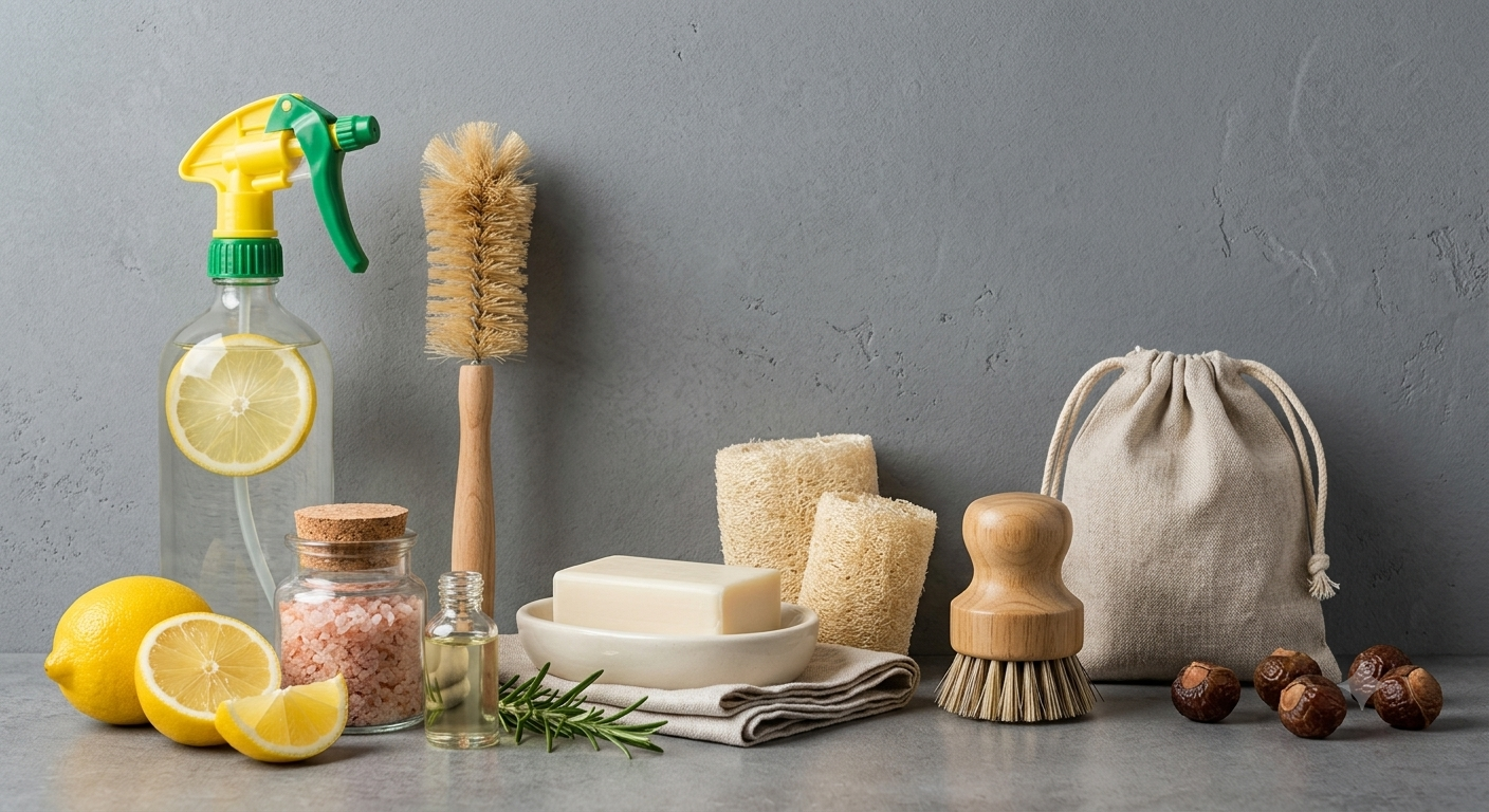 A photo line up of natural cleaning products